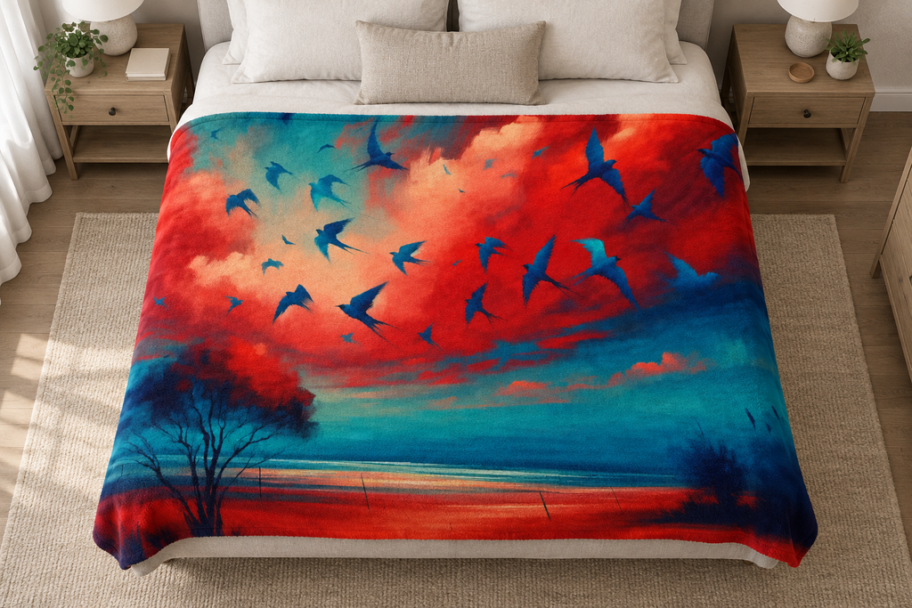 Scarlet and Turquoise Sunset blanket on a large bed