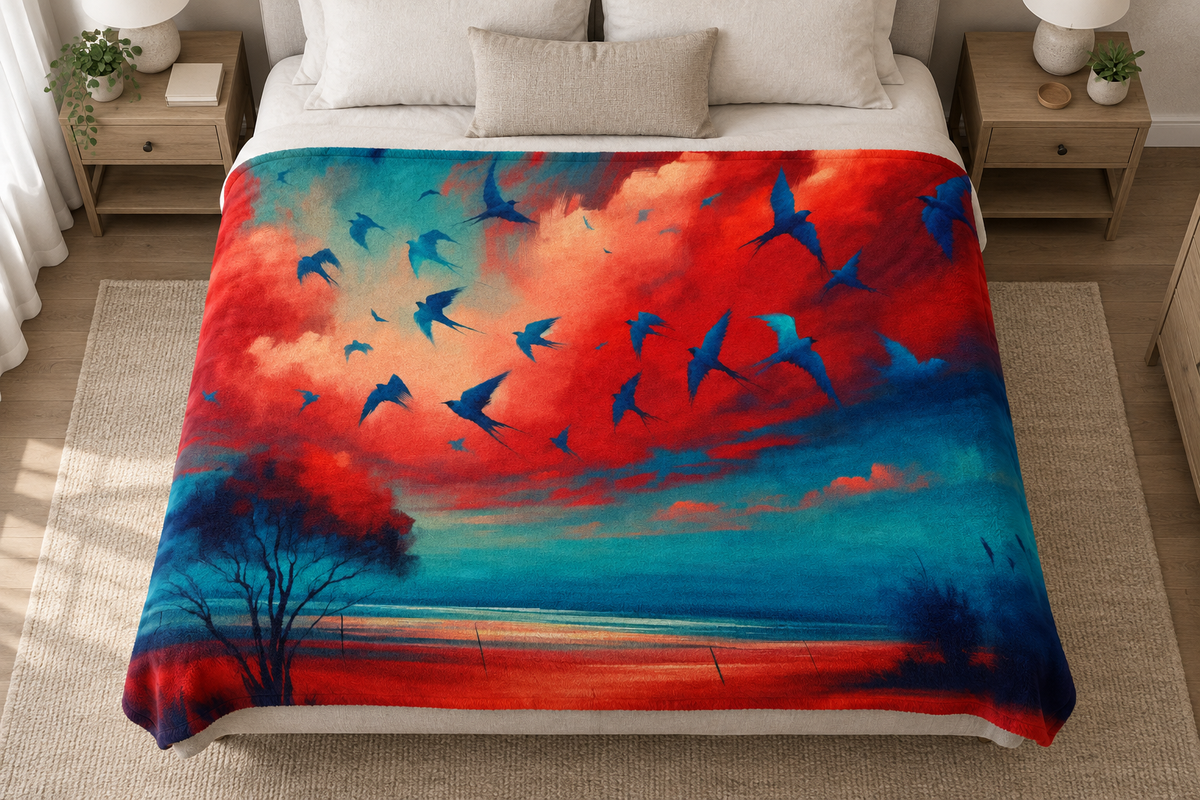 Scarlet and Turquoise Sunset blanket on a large bed