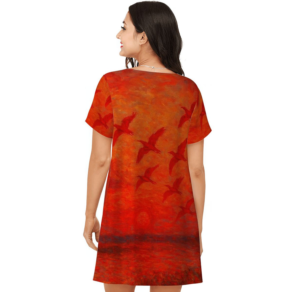 Scarlet Sunset with Birds 1 Women's Loose Short - Sleeve Nightgown - Gregg Acini Adoree Designs - Women's Pajamas