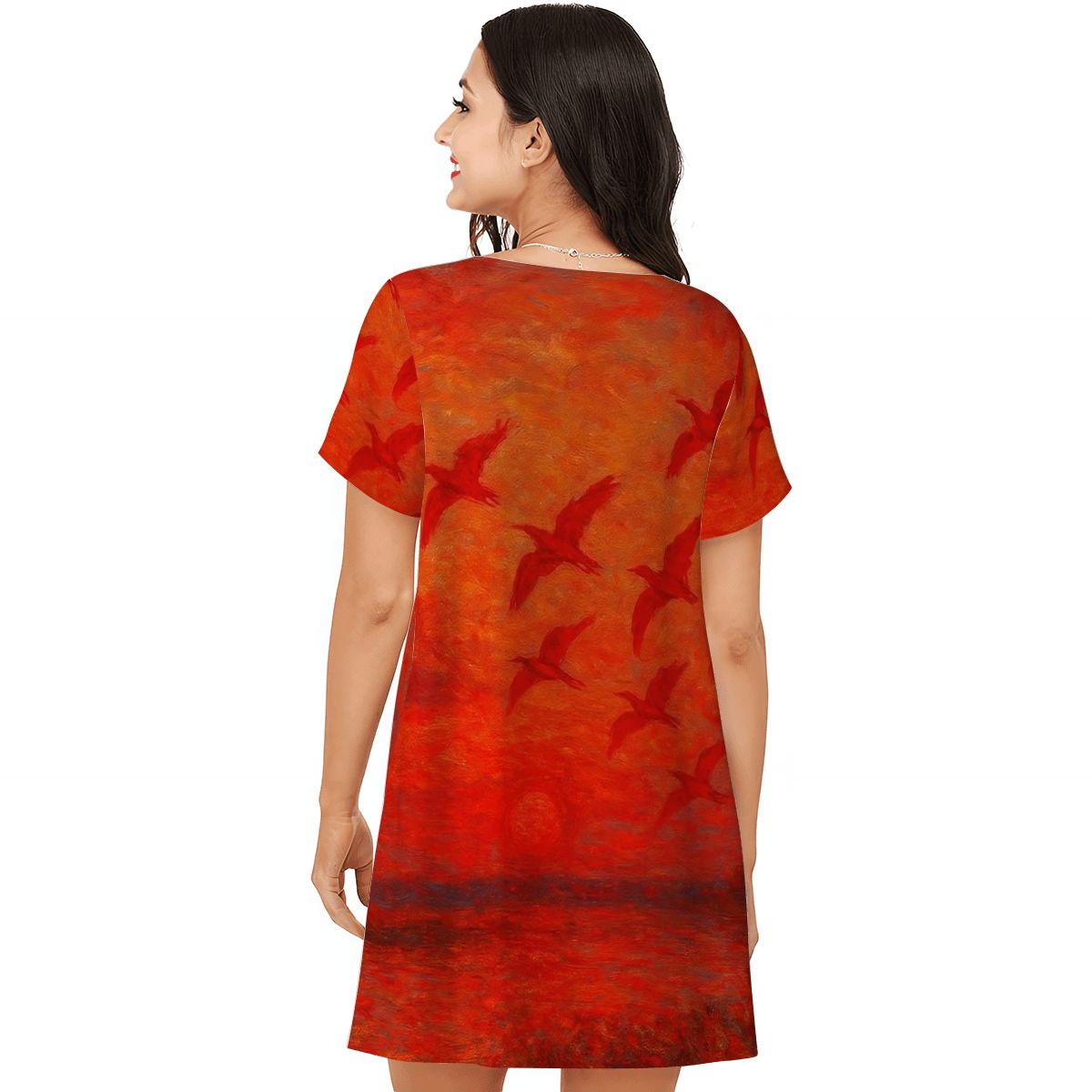 Scarlet Sunset with Birds 1 Women's Loose Short - Sleeve Nightgown - Gregg Acini Adoree Designs - Women's Pajamas