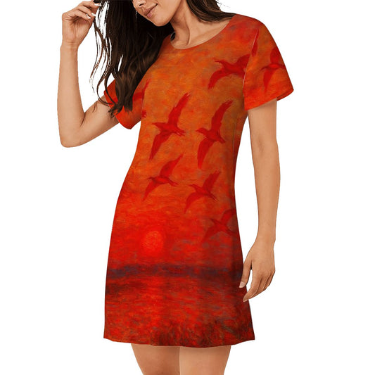 Scarlet Sunset with Birds 1 Women's Loose Short - Sleeve Nightgown - Gregg Acini Adoree Designs - Women's Pajamas