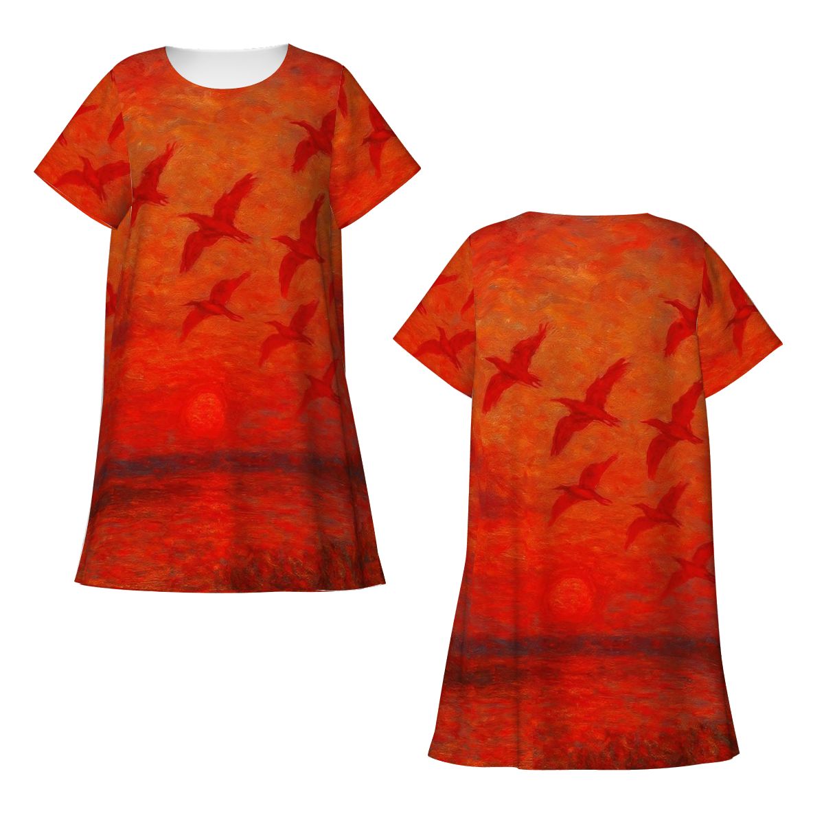 Scarlet Sunset with Birds 1 Women's Loose Short - Sleeve Nightgown - Gregg Acini Adoree Designs - Women's Pajamas