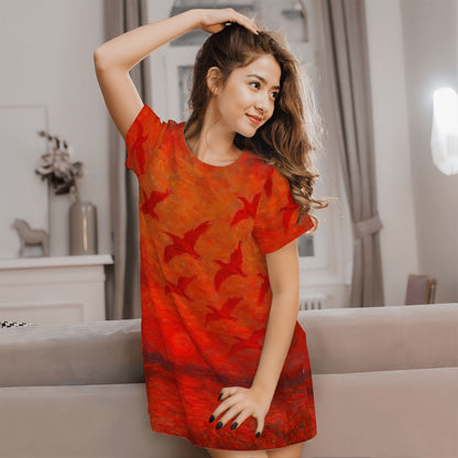 Scarlet Sunset with Birds 1 Women's Loose Short - Sleeve Nightgown - Gregg Acini Adoree Designs - Women's Pajamas