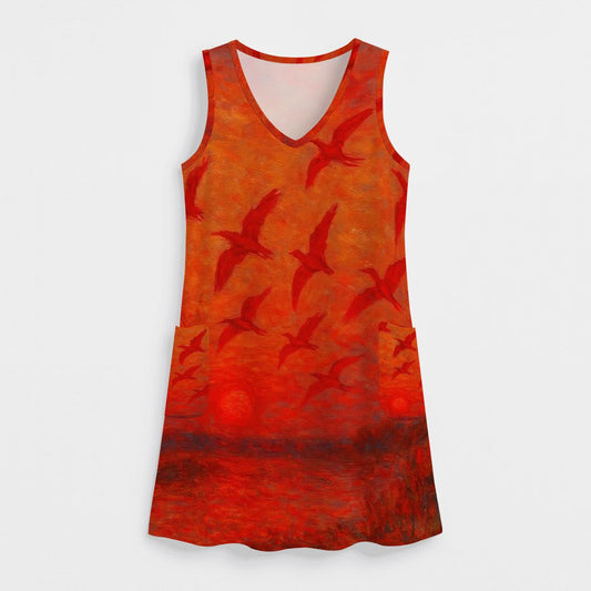 Scarlet Sunset with Birds 1 Women's Sleeveless Dress with Pockets - Gregg Acini Adoree Designs - Women's Skirts & Dresses