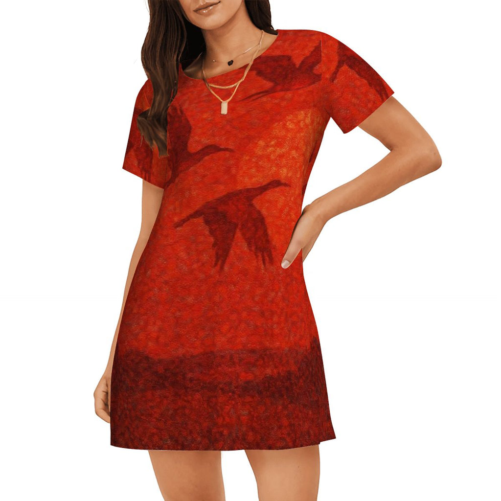 Scarlet Sunset with Birds 2 Women's Loose Short - Sleeve Nightgown - Gregg Acini Adoree Designs - Women's Pajamas