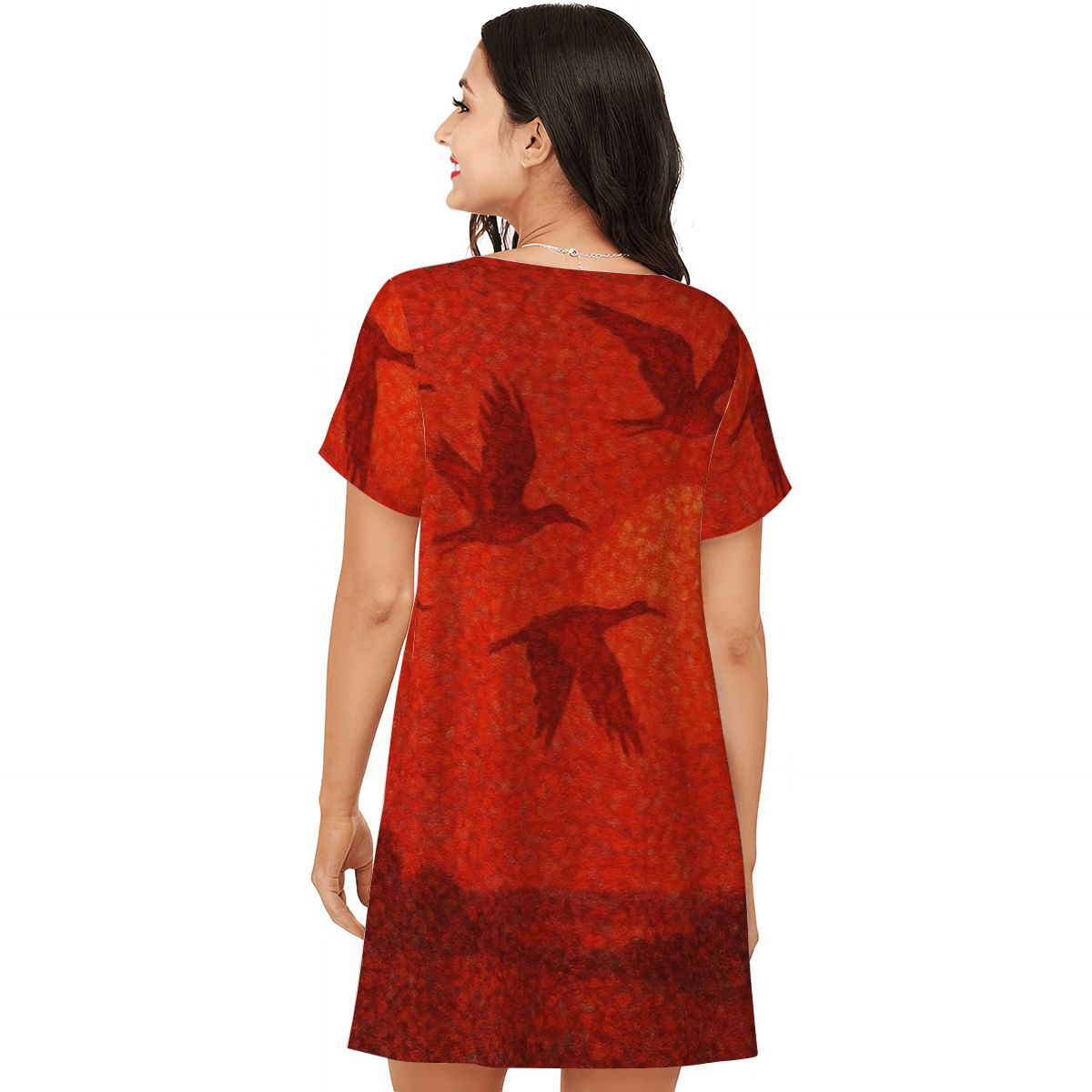 Scarlet Sunset with Birds 2 Women's Loose Short - Sleeve Nightgown - Gregg Acini Adoree Designs - Women's Pajamas
