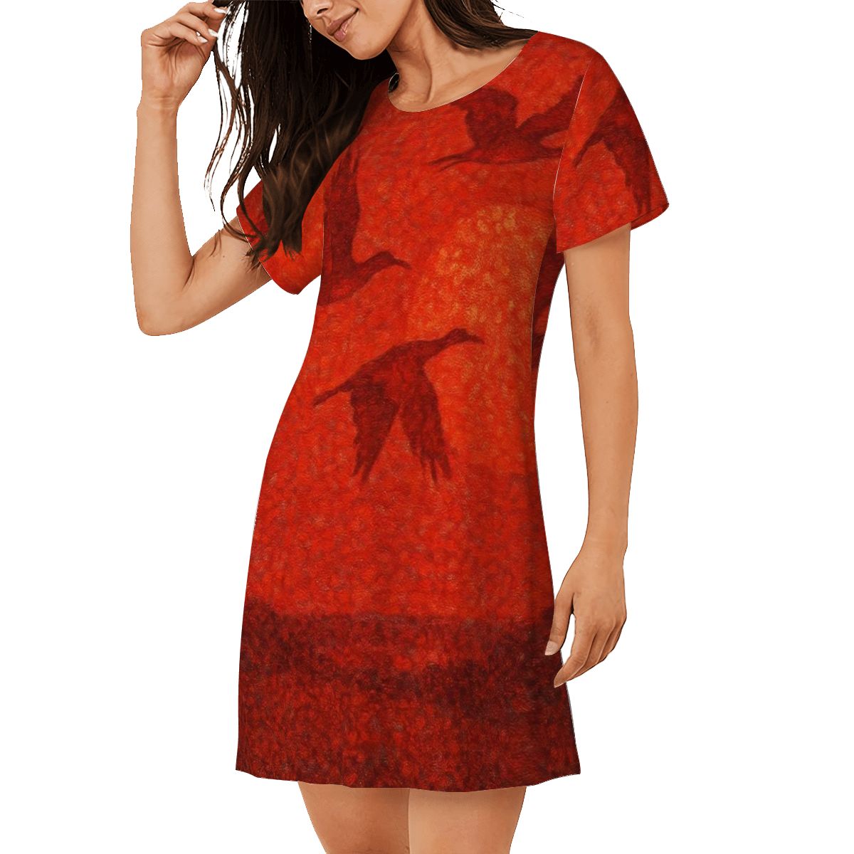 Scarlet Sunset with Birds 2 Women's Loose Short - Sleeve Nightgown - Gregg Acini Adoree Designs - Women's Pajamas