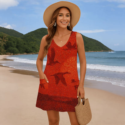 Scarlet Sunset with Birds 2 Women's Sleeveless Dress with Pockets - Gregg Acini Adoree Designs - Women's Skirts & Dresses