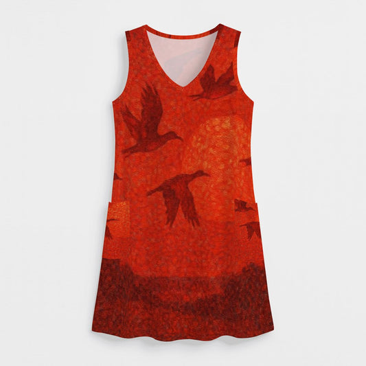 Scarlet Sunset with Birds 2 Women's Sleeveless Dress with Pockets - Gregg Acini Adoree Designs - Women's Skirts & Dresses