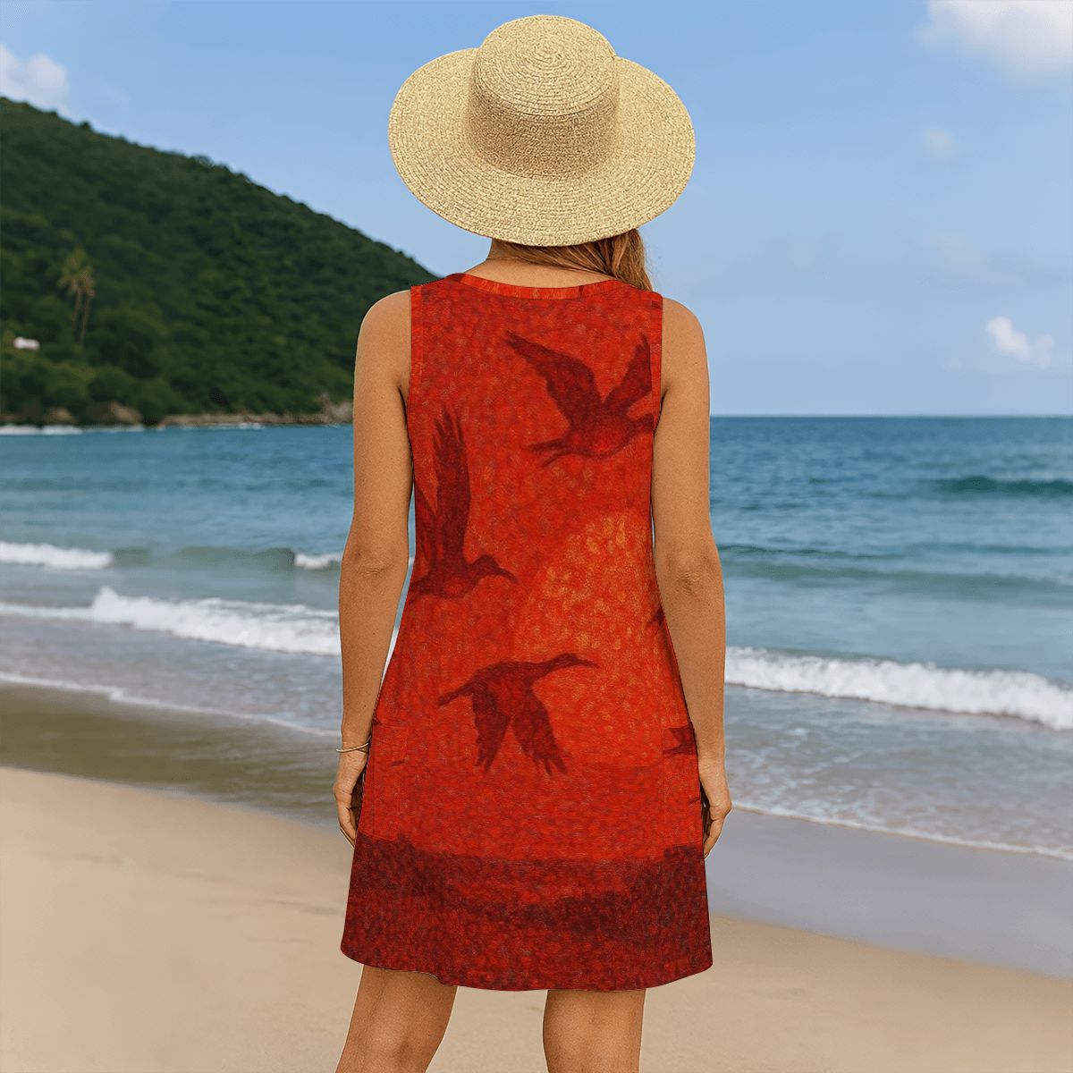 Scarlet Sunset with Birds 2 Women's Sleeveless Dress with Pockets - Gregg Acini Adoree Designs - Women's Skirts & Dresses