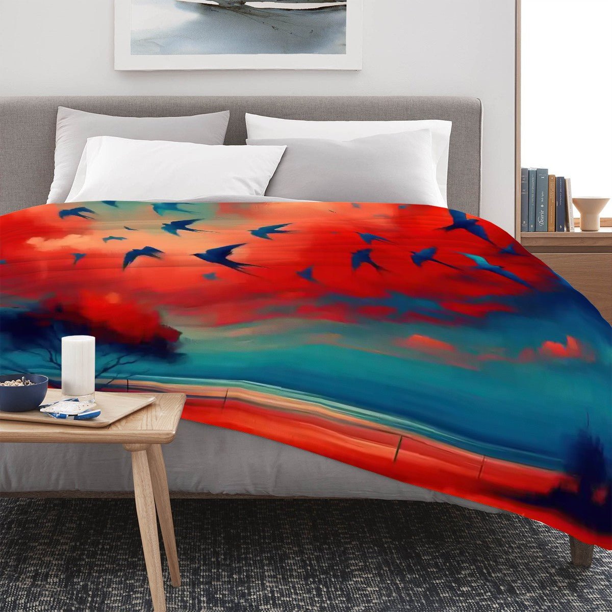 Scarlet Sunset with Birds 3 300 GSM Flannel Throw Blanket (Made in USA) - Gregg Acini Adoree Designs - Blanket