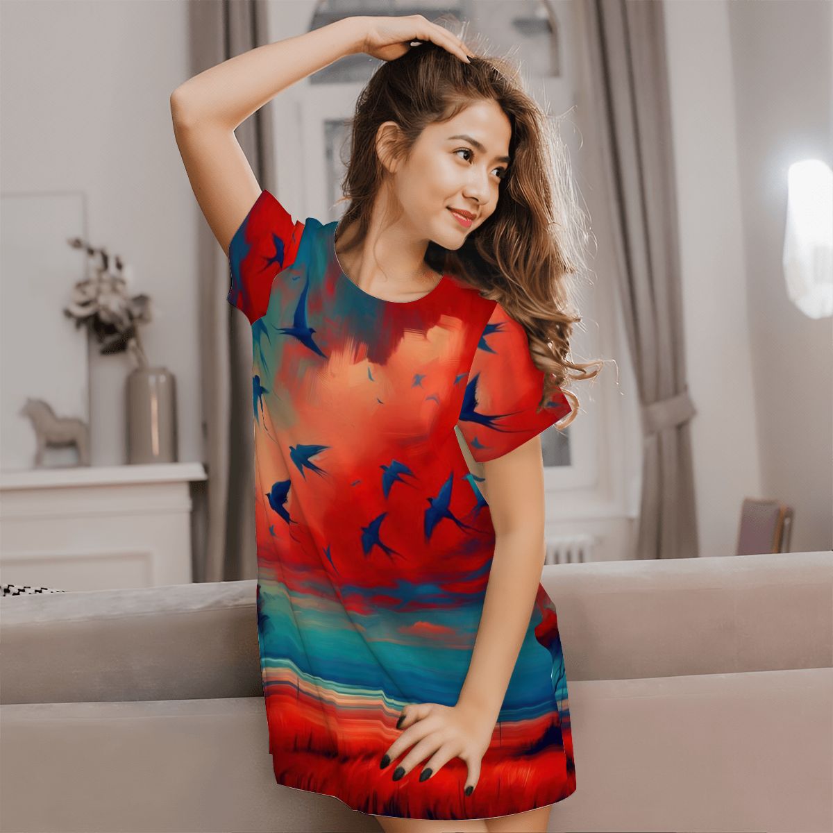 Scarlet Sunset with Birds 3 Women's Loose Short - Sleeve Nightgown - Gregg Acini Adoree Designs - Women's Pajamas