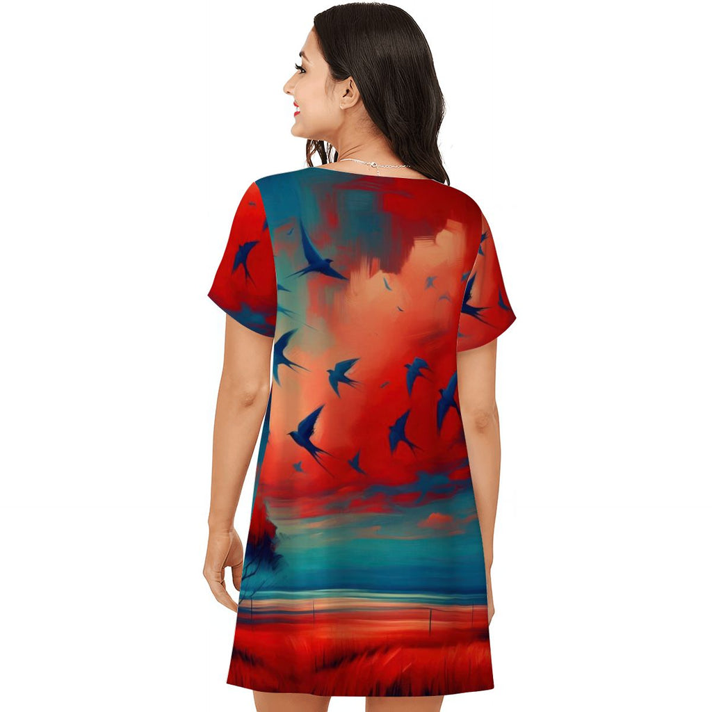 Scarlet Sunset with Birds 3 Women's Loose Short - Sleeve Nightgown - Gregg Acini Adoree Designs - Women's Pajamas