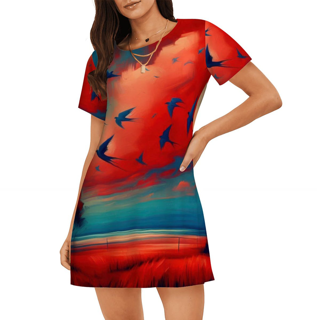 Scarlet Sunset with Birds 3 Women's Loose Short - Sleeve Nightgown - Gregg Acini Adoree Designs - Women's Pajamas