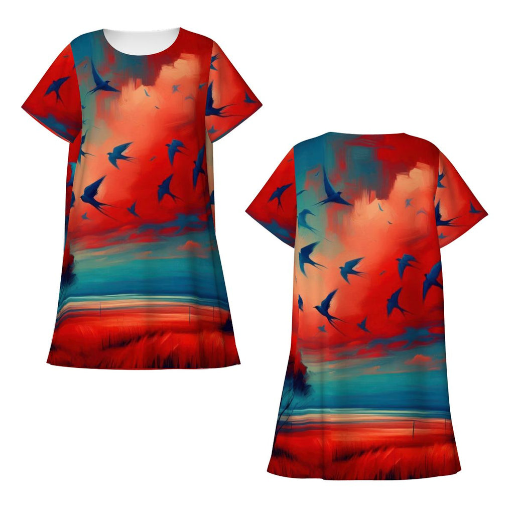 Scarlet Sunset with Birds 3 Women's Loose Short - Sleeve Nightgown - Gregg Acini Adoree Designs - Women's Pajamas