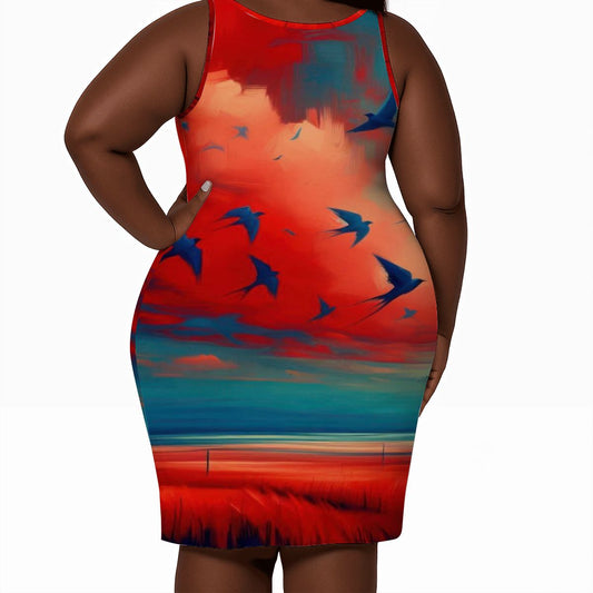 Scarlet Sunset with Birds 3 Women's Plus Size Sleeveless Dress - Gregg Acini Adoree Designs - Women's Skirts & Dresses