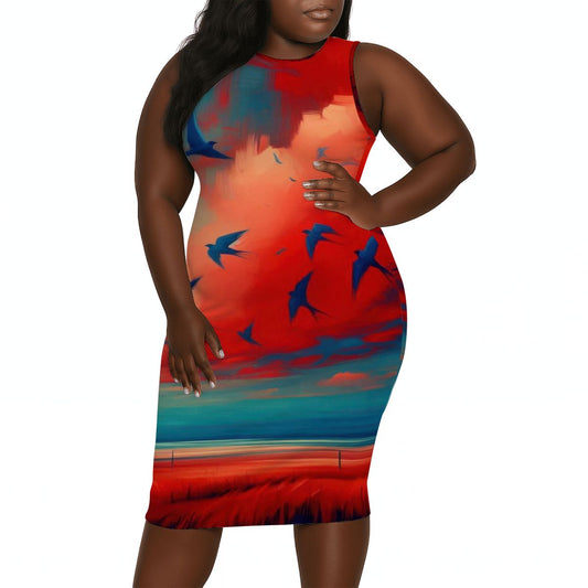 Scarlet Sunset with Birds 3 Women's Plus Size Sleeveless Dress - Gregg Acini Adoree Designs - Women's Skirts & Dresses