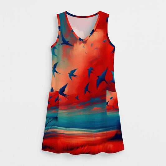 Scarlet Sunset with Birds 3 Women's Sleeveless Dress with Pockets - Gregg Acini Adoree Designs - Women's Skirts & Dresses