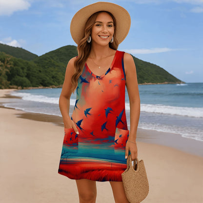 Scarlet Sunset with Birds 3 Women's Sleeveless Dress with Pockets - Gregg Acini Adoree Designs - Women's Skirts & Dresses