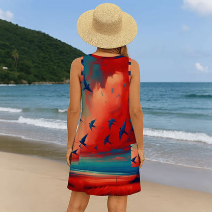 Scarlet Sunset with Birds 3 Women's Sleeveless Dress with Pockets - Gregg Acini Adoree Designs - Women's Skirts & Dresses