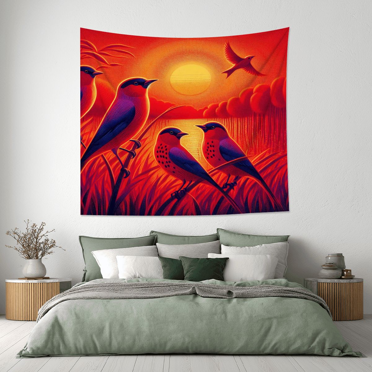 Scarlet Sunset with Birds 4 Lightweight Wall Tapestry (Fabric Wall Hanging - USA) - Gregg Acini Adoree Designs - Wall Coverings