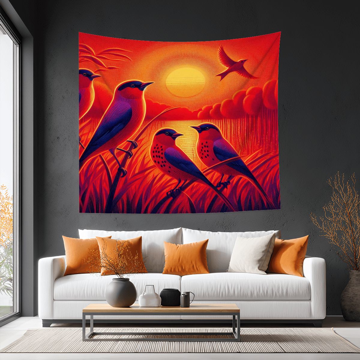 Scarlet Sunset with Birds 4 Lightweight Wall Tapestry (Fabric Wall Hanging - USA) - Gregg Acini Adoree Designs - Wall Coverings