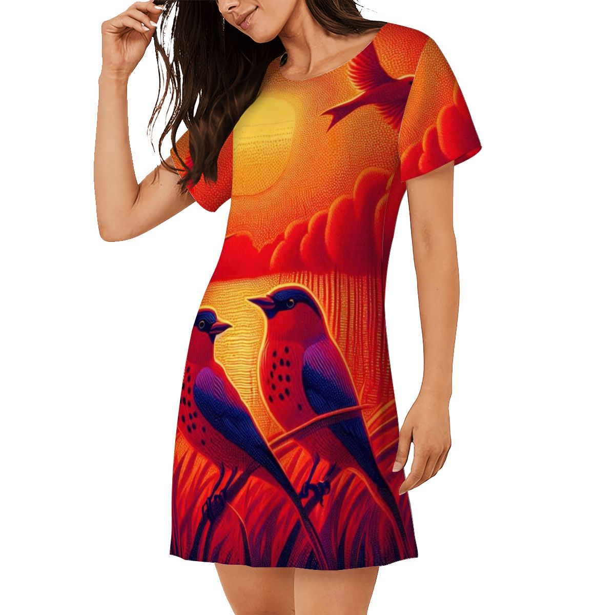 Scarlet Sunset with Birds 4 Women's Loose Short - Sleeve Nightgown - Gregg Acini Adoree Designs - Women's Pajamas