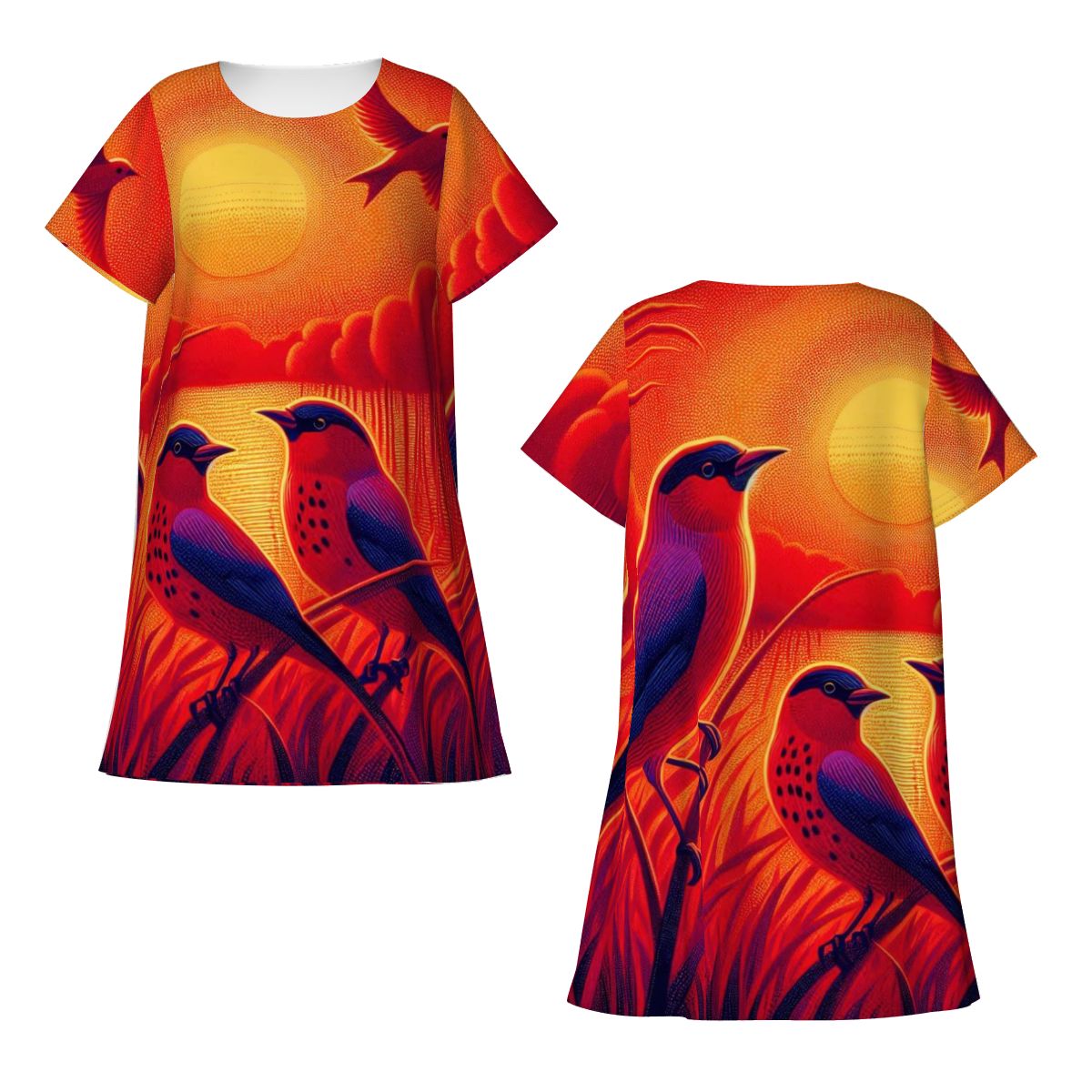 Scarlet Sunset with Birds 4 Women's Loose Short - Sleeve Nightgown - Gregg Acini Adoree Designs - Women's Pajamas