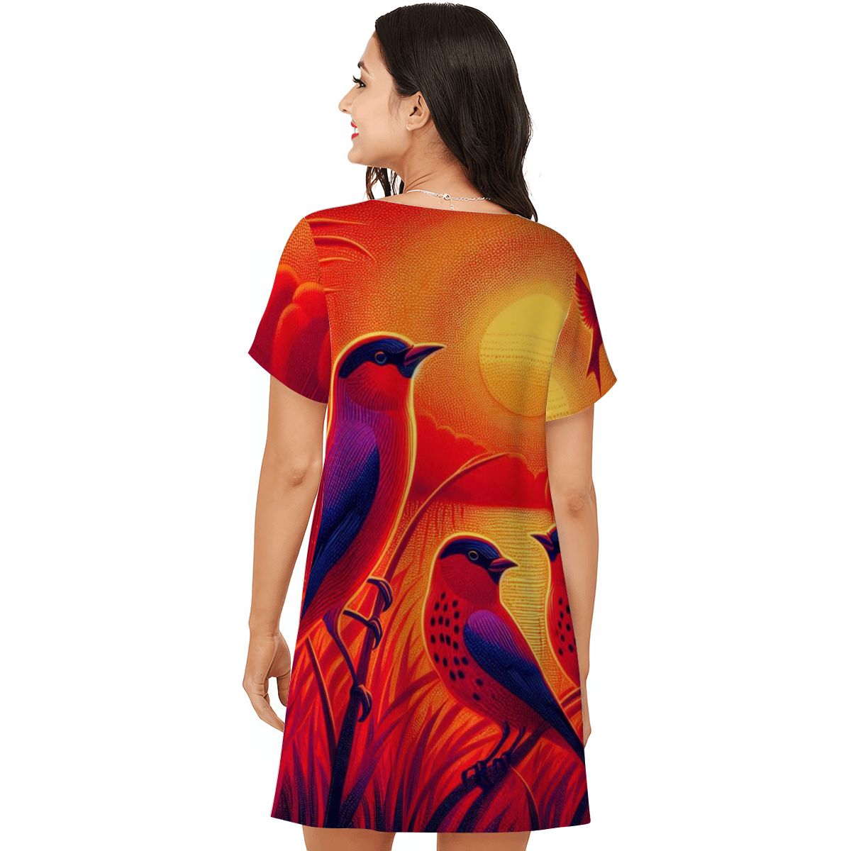 Scarlet Sunset with Birds 4 Women's Loose Short - Sleeve Nightgown - Gregg Acini Adoree Designs - Women's Pajamas
