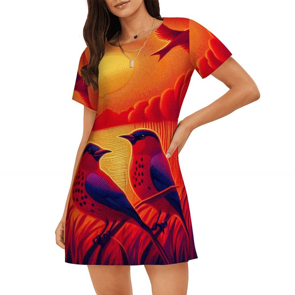 Scarlet Sunset with Birds 4 Women's Loose Short - Sleeve Nightgown - Gregg Acini Adoree Designs - Women's Pajamas