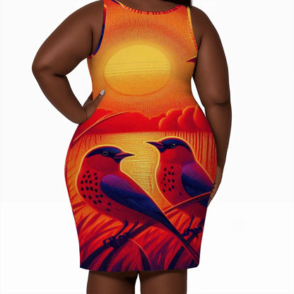 Scarlet Sunset with Birds 4 Women's Plus Size Sleeveless Dress - Gregg Acini Adoree Designs - Women's Skirts & Dresses