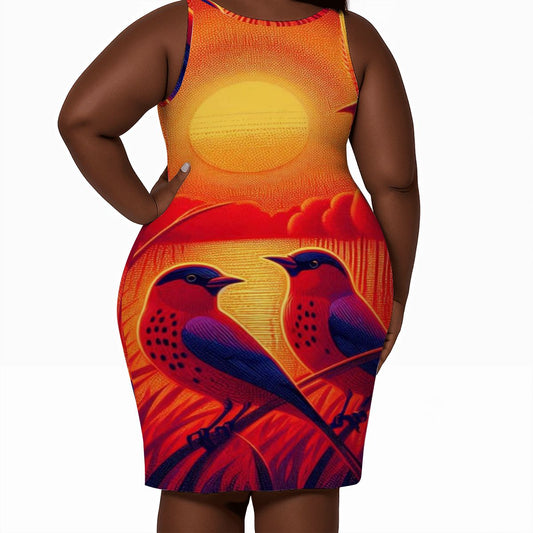 Scarlet Sunset with Birds 4 Women's Plus Size Sleeveless Dress - Gregg Acini Adoree Designs - Women's Skirts & Dresses