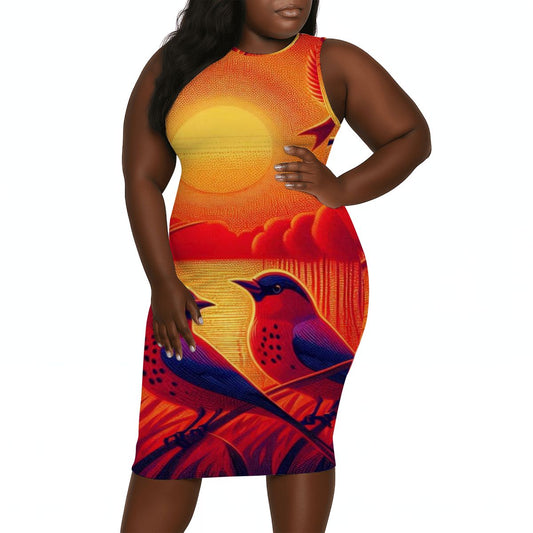 Scarlet Sunset with Birds 4 Women's Plus Size Sleeveless Dress - Gregg Acini Adoree Designs - Women's Skirts & Dresses