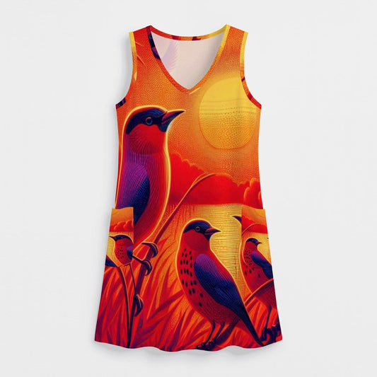 Scarlet Sunset with Birds 4 Women's Sleeveless Dress with Pockets - Gregg Acini Adoree Designs - Women's Skirts & Dresses