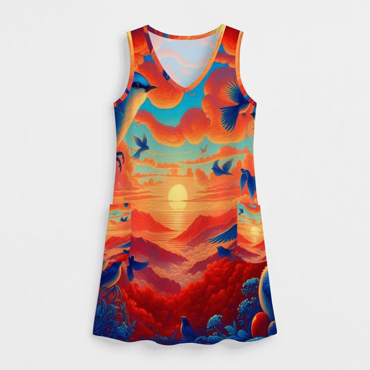 Scarlet Sunset with Birds 6 Women's Sleeveless Dress with Pockets - Gregg Acini Adoree Designs - Women's Skirts & Dresses