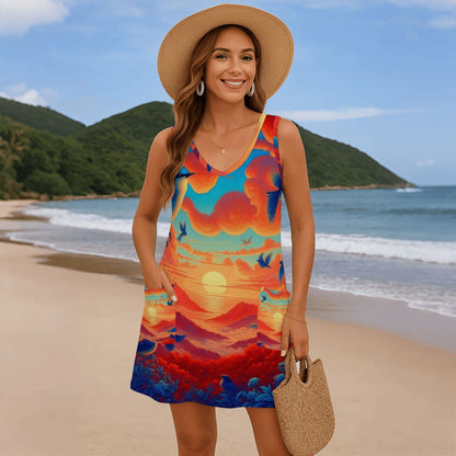Scarlet Sunset with Birds 6 Women's Sleeveless Dress with Pockets - Gregg Acini Adoree Designs - Women's Skirts & Dresses