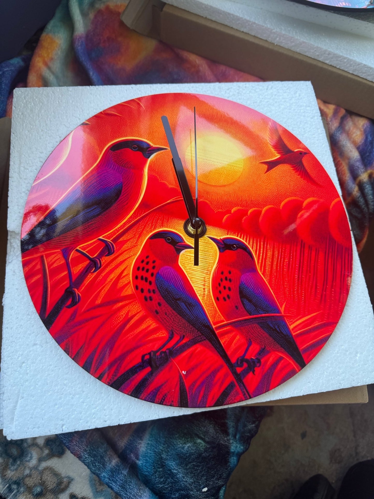 Scarlet Sunset with Birds4 MDF Wall Clock (Made in USA) - Gregg Acini Adoree Designs - Wall Clock