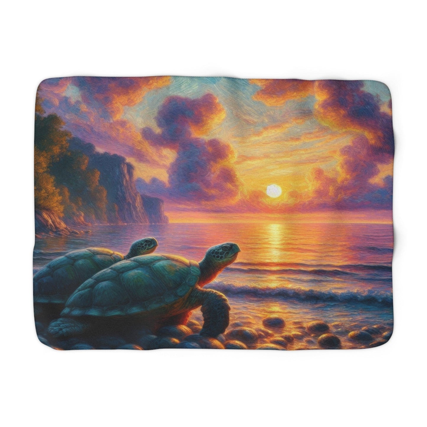 Sea Turtle Sunset Sherpa Blanket — Cozy Ocean Sunset Throw for Beach Lovers - Gregg Acini Adoree Designs - Blanket