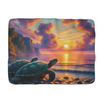 Sea Turtle Sunset Sherpa Blanket — Cozy Ocean Sunset Throw for Beach Lovers - Gregg Acini Adoree Designs - Blanket