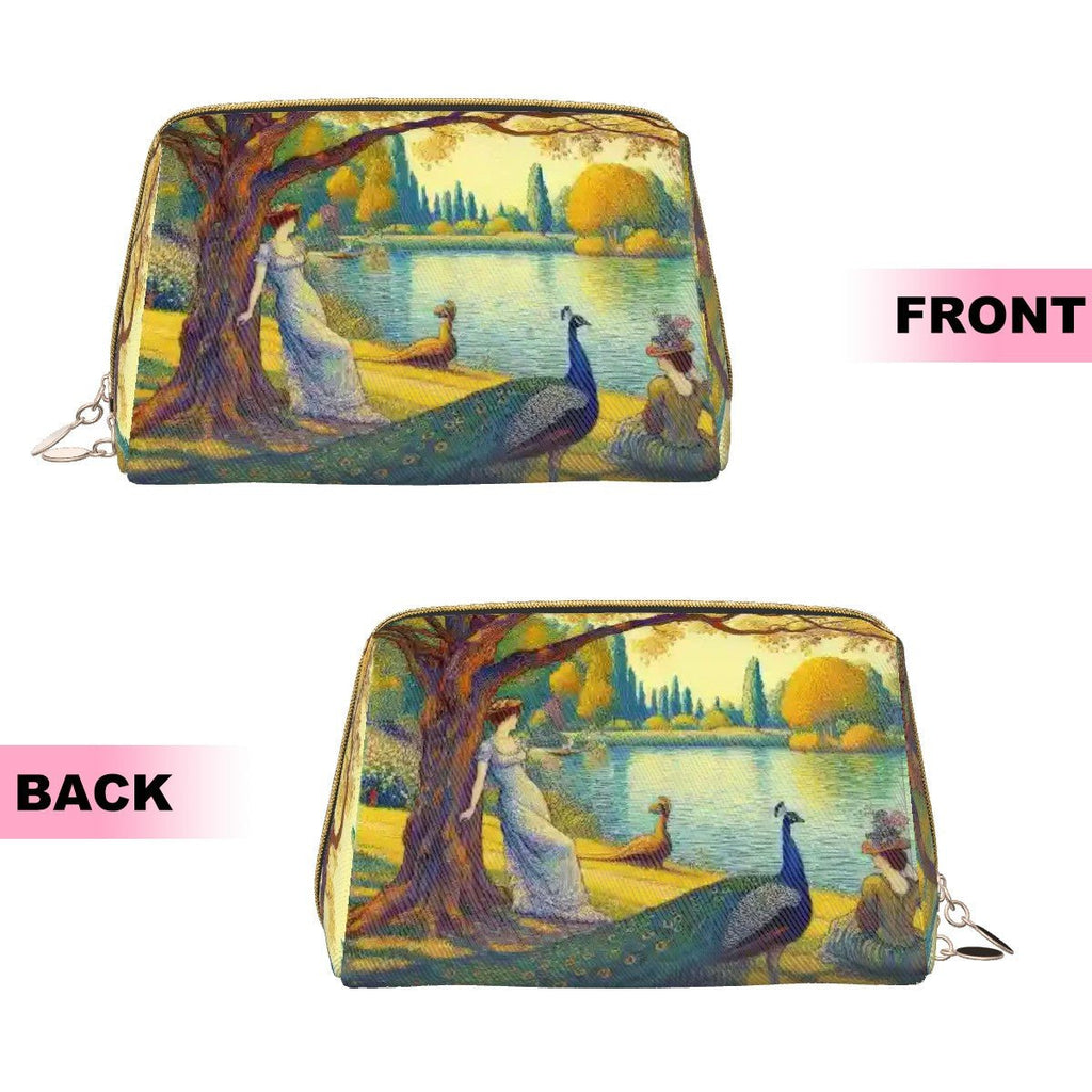 Serene Leaning Lady with Peacock Large Leather Makeup Bag - Gregg Acini Adoree Designs - Bags