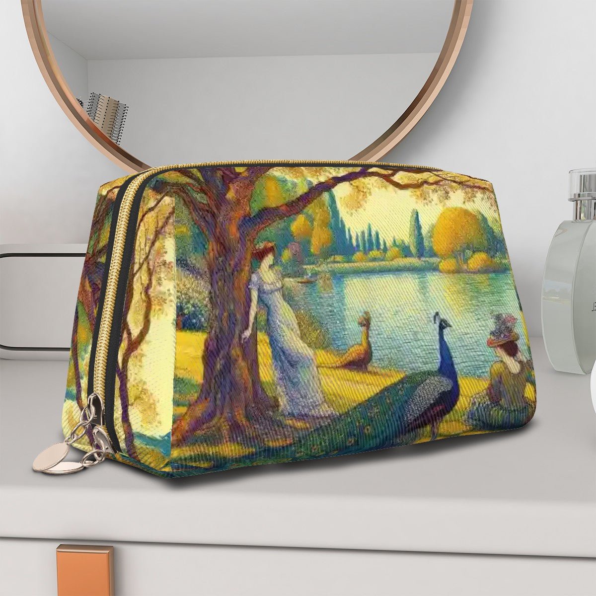 Serene Leaning Lady with Peacock Large Leather Makeup Bag - Gregg Acini Adoree Designs - Bags