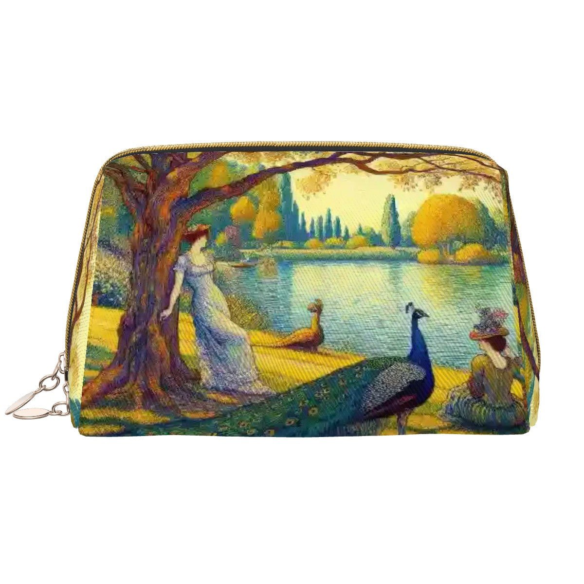 Serene Leaning Lady with Peacock Large Leather Makeup Bag - Gregg Acini Adoree Designs - Bags