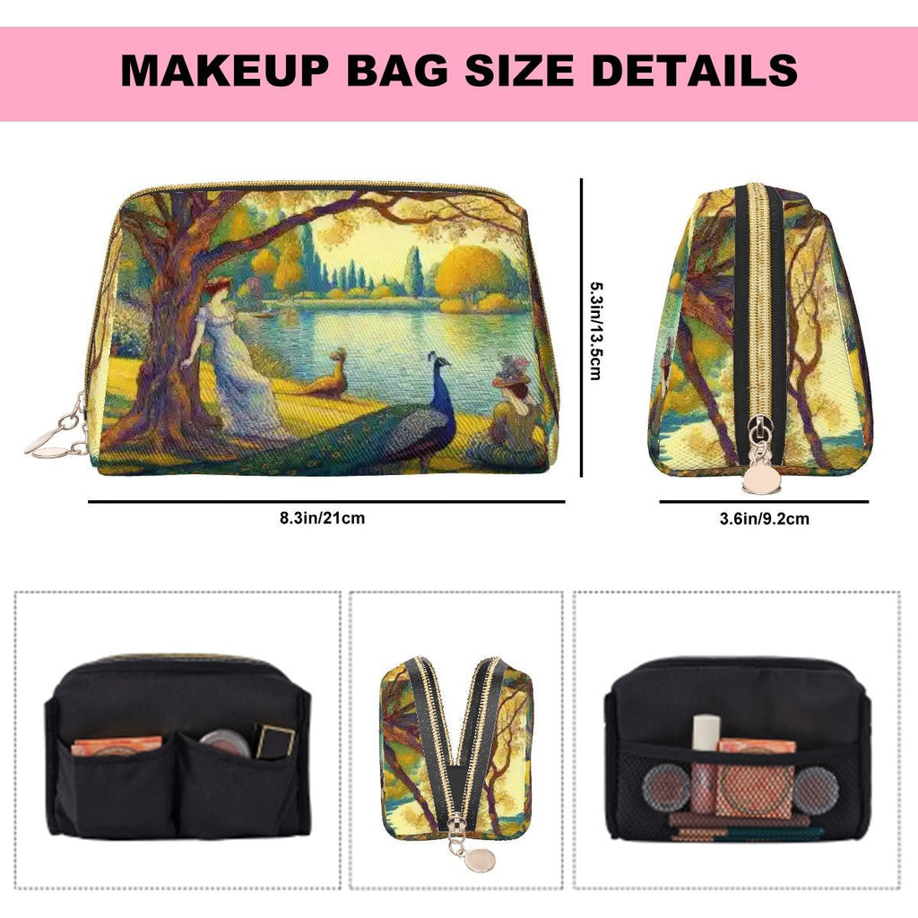 Serene Leaning Lady with Peacock Large Leather Makeup Bag - Gregg Acini Adoree Designs - Bags