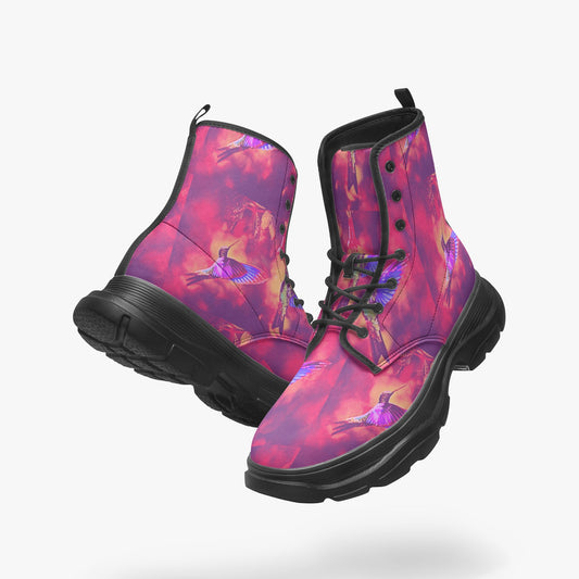 Shrine Hummingbirds Casual Leather Chunky Boots - Gregg Acini Adoree Designs - Boots