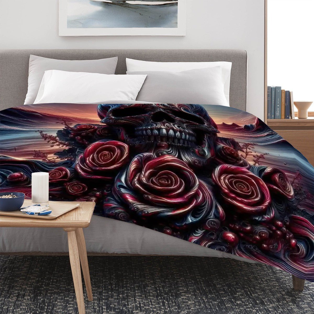 Skull and Roses 300 GSM Flannel Throw Blanket (Made in USA) - Gregg Acini Adoree Designs - Blanket