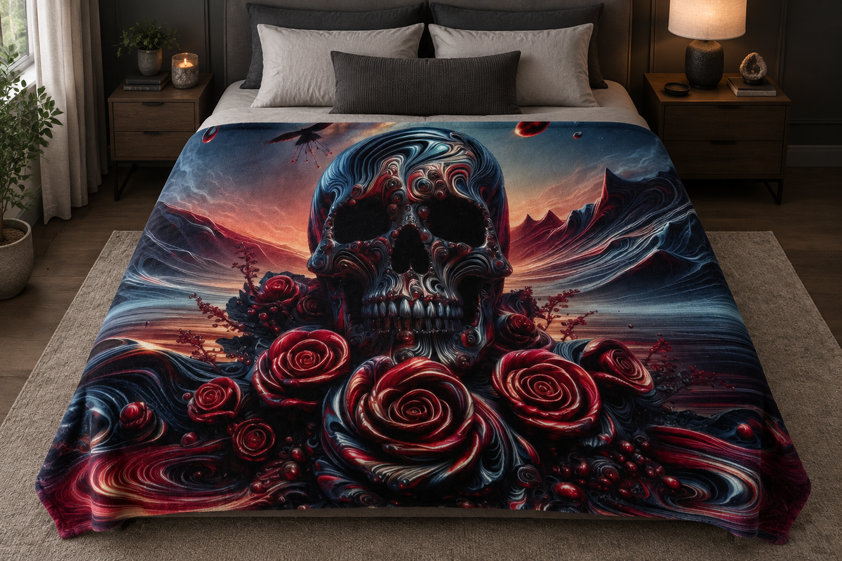 Skull and Roses blanket on a bed