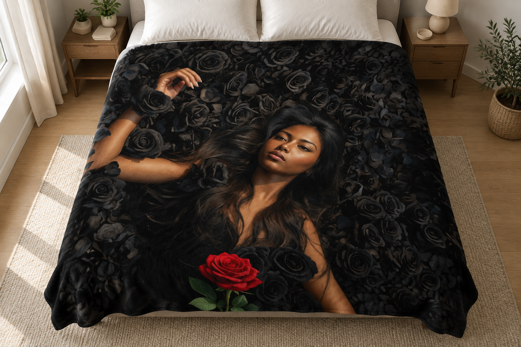 The Rose Keeper blanket on a bed