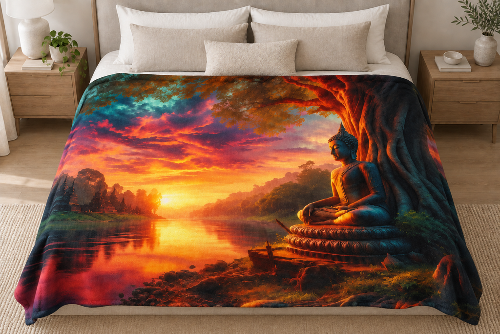 Tranquility blanket draped over the sides and foot of a bed