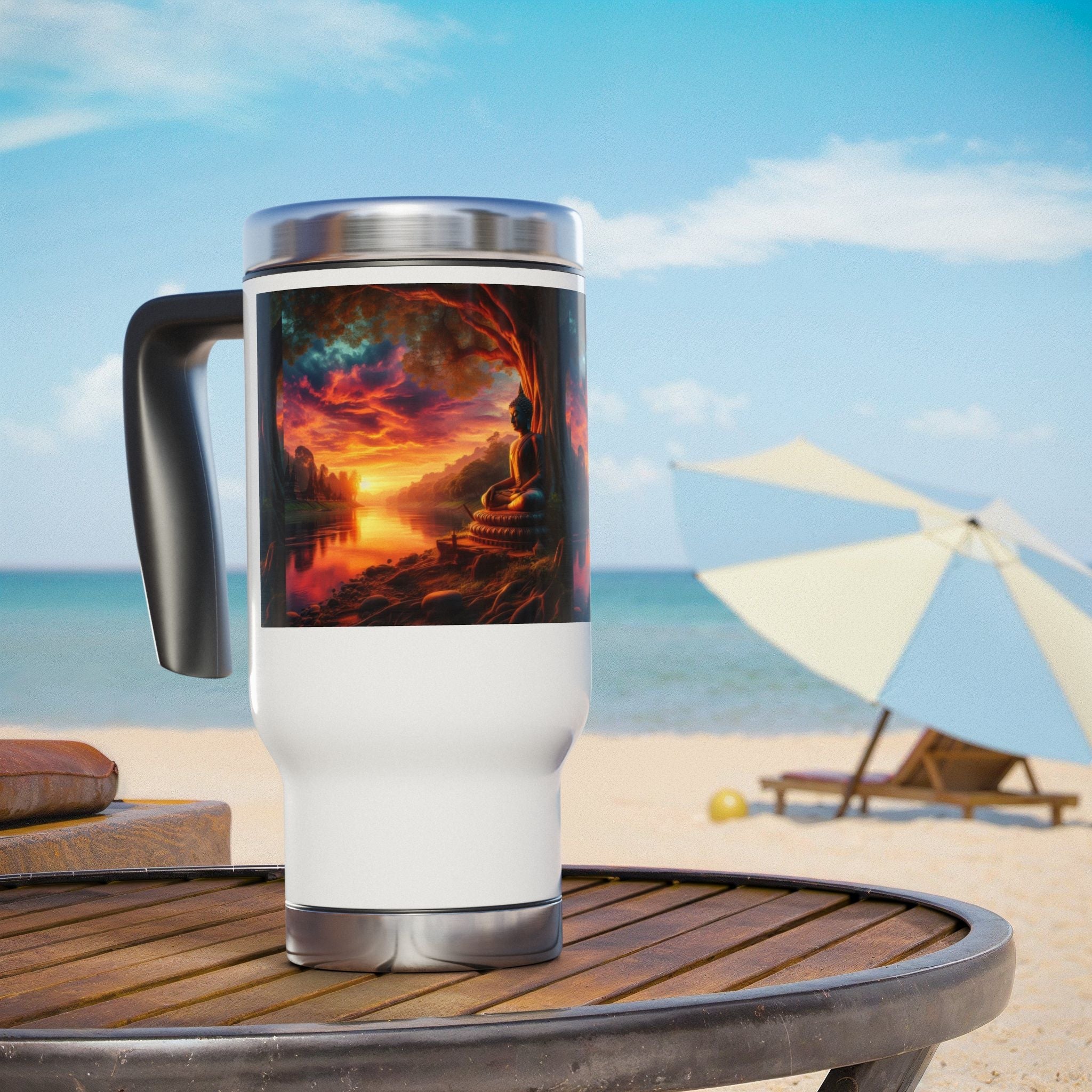 Tranquility Stainless Steel Travel Mug - 14oz Handle Design - Gregg Acini Adoree Designs - Mug