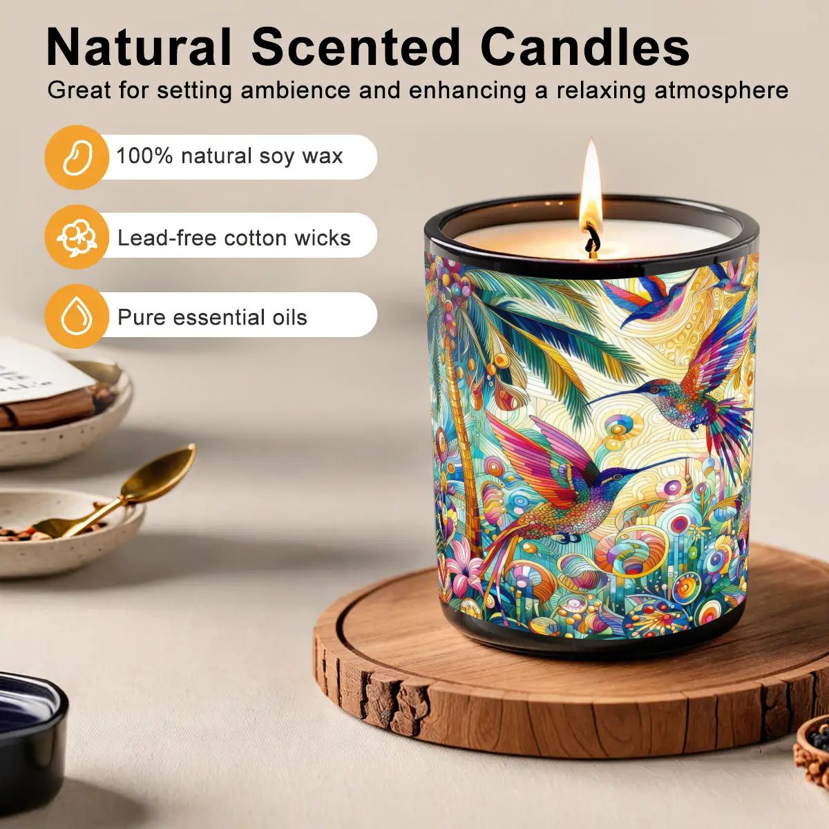 Tropical Hummingbirds Black Jar Scented Candle (6oz) - Gregg Acini Adoree Designs - Candles